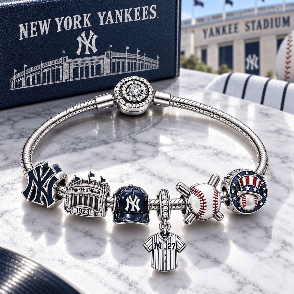 NYY Silver Charm Bracelet Set PTT
