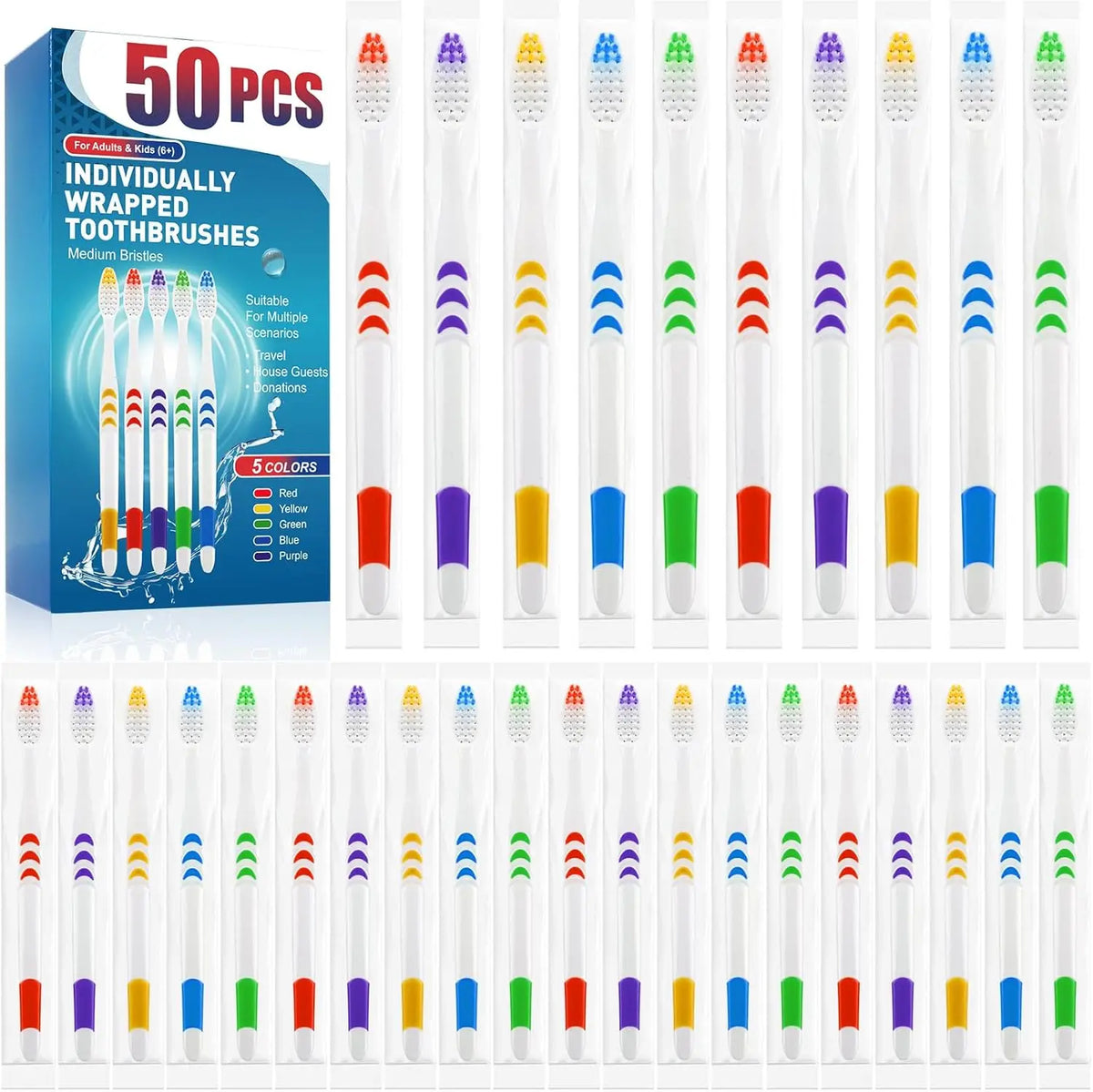 50 PCS Bulk Toothbrush Pack, Individually Wrapped, Medium Soft Bristle, Ergonomic Handle, Disposable for Travel Hotel Donation