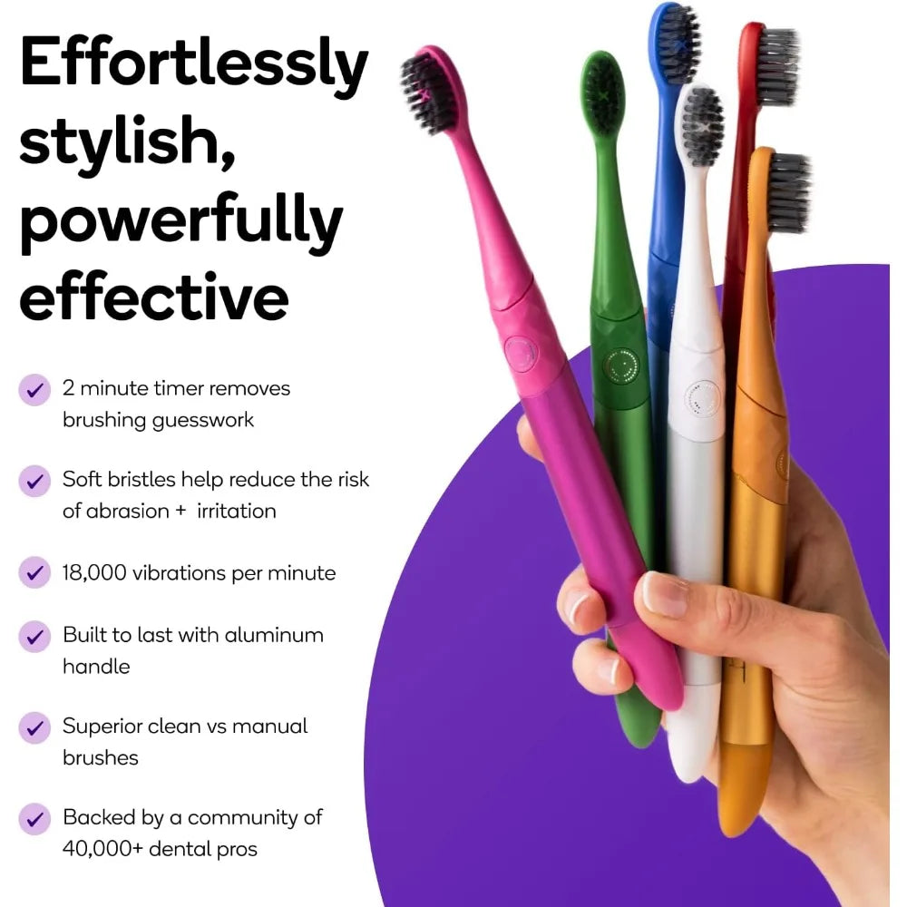 Toothbrush (Red) | Sonic Powered Teeth Whitening | Super-Soft Bristles | 18000 VPM | 2 Minute Timer | Aluminum Handle | Replaceable Brush Head | Compact Size | with AAA Battery