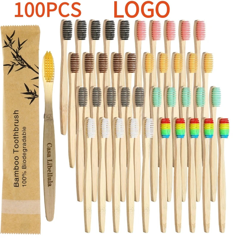 100 Pcs Biodegradable Eco-Friendly Natural Bamboo Charcoal Toothbrushes Soft Bristle Travel Wooden Manual Toothbrush Laser LOGO