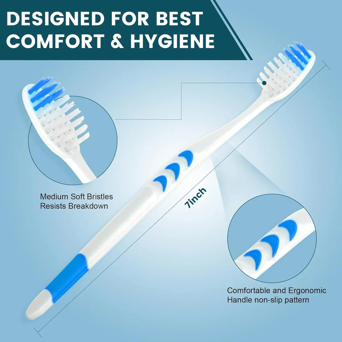 50 PCS Bulk Toothbrush Pack, Individually Wrapped, Medium Soft Bristle, Ergonomic Handle, Disposable for Travel Hotel Donation