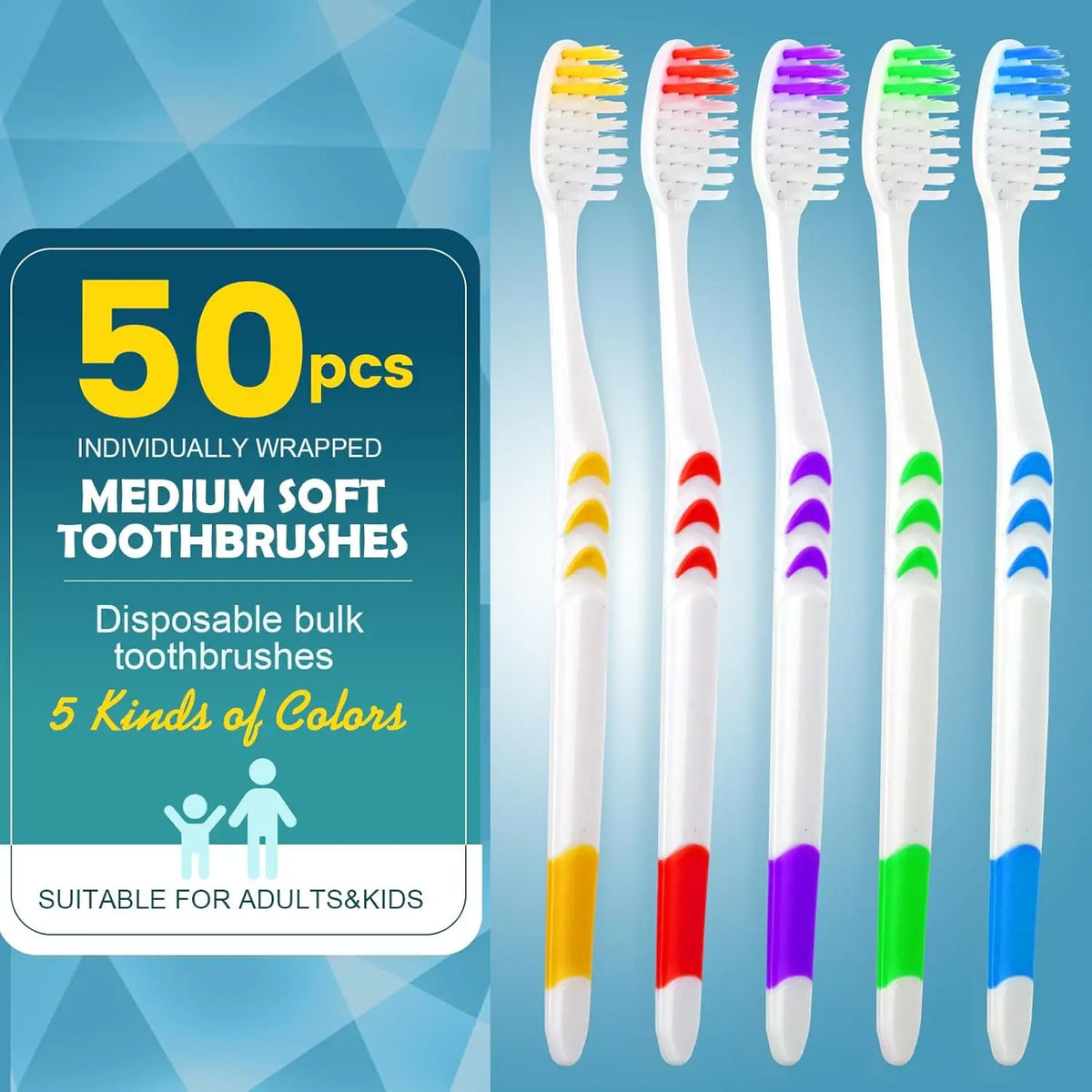 50 PCS Bulk Toothbrush Pack, Individually Wrapped, Medium Soft Bristle, Ergonomic Handle, Disposable for Travel Hotel Donation