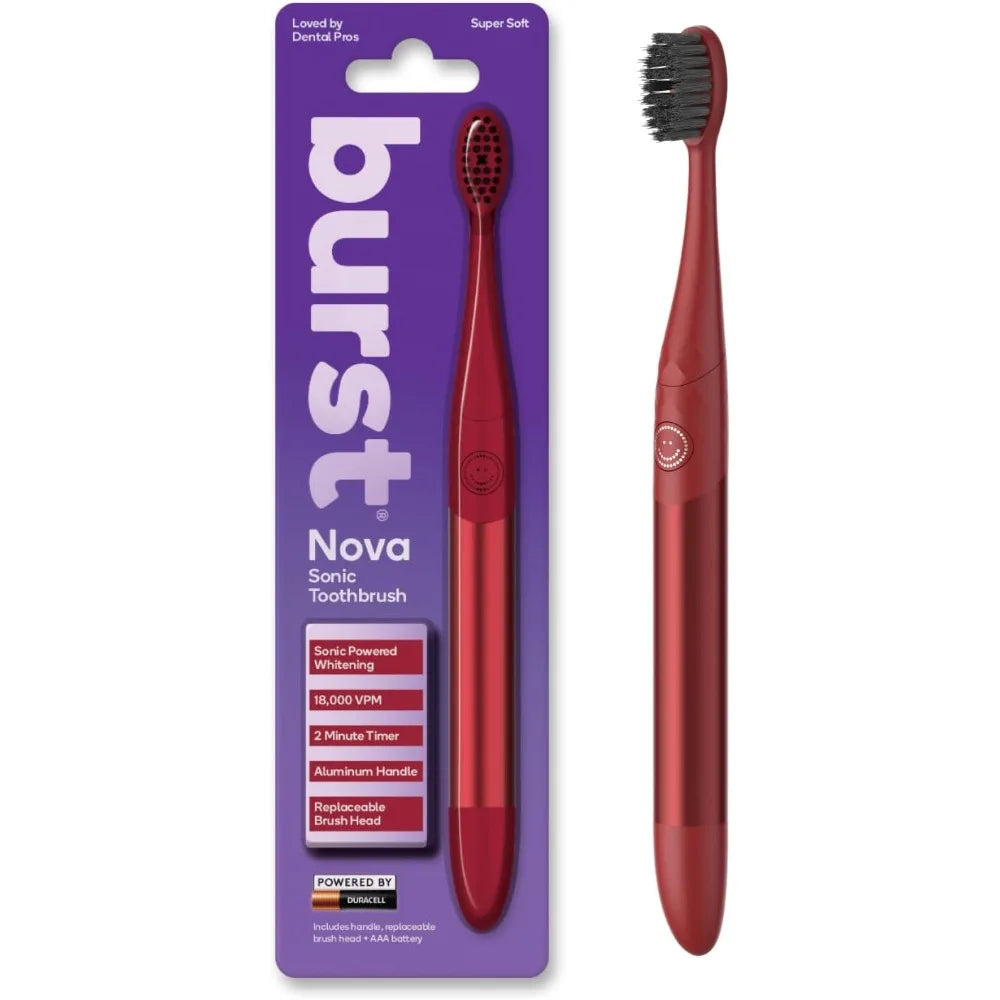 Toothbrush (Red) | Sonic Powered Teeth Whitening | Super-Soft Bristles | 18000 VPM | 2 Minute Timer | Aluminum Handle | Replaceable Brush Head | Compact Size | with AAA Battery